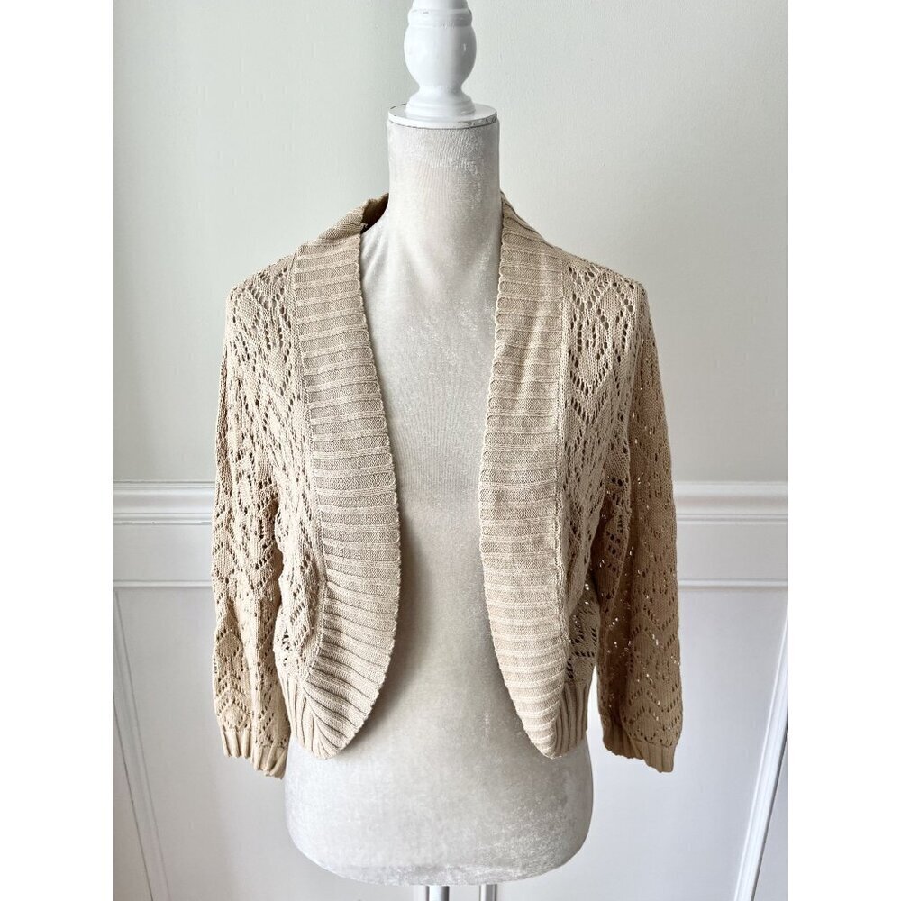 White Stag Ladies M Tan Open Knit Cropped Cocoon Cardigan 100% Cotton